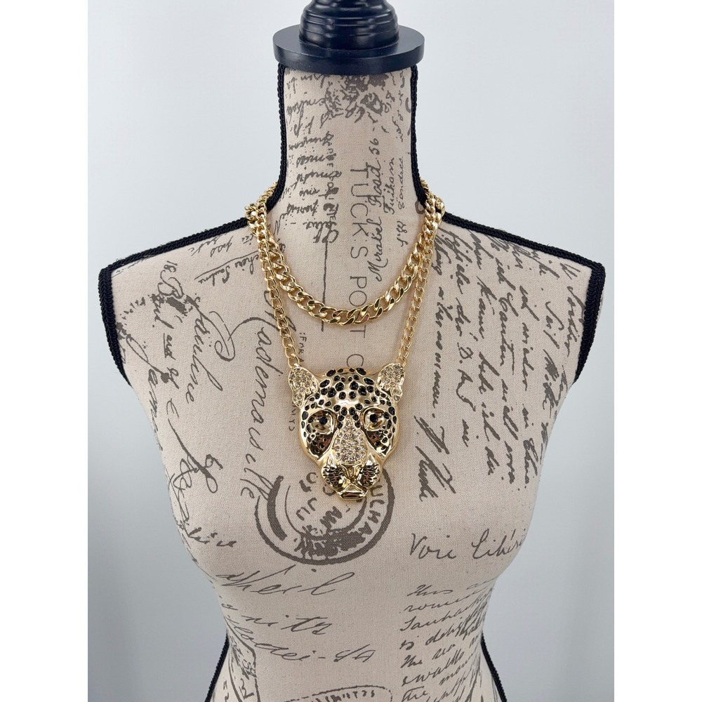 B5 Leopard Head Large Pendant Chain Statement Long Necklace Gold Tone Rhinestone